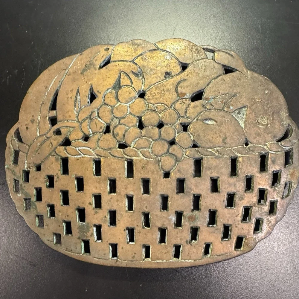 Fruit Basket Copper Cast Iron Trivet Hot Plate Hanging Vintage Odi Taiwan 1990‎